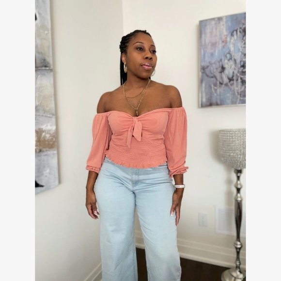 (NWT) Smocked Keyhole Off-Shoulder Top - Salmon - Picture 5 of 8